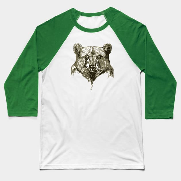 Forest Woodcut Grizzly Bear Illustration Baseball T-Shirt by RaizePeace